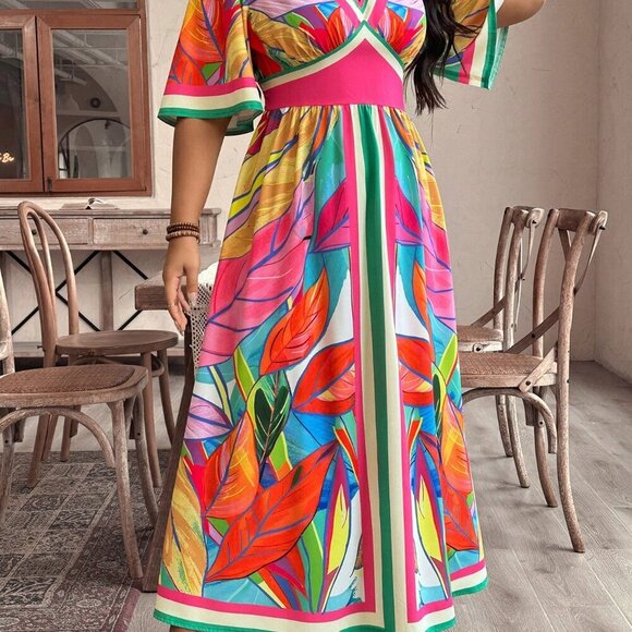 Multicolor Boho Women's Plus Size Vacation Casual Plant Printed High-Waist Long - Picture 6 of 6